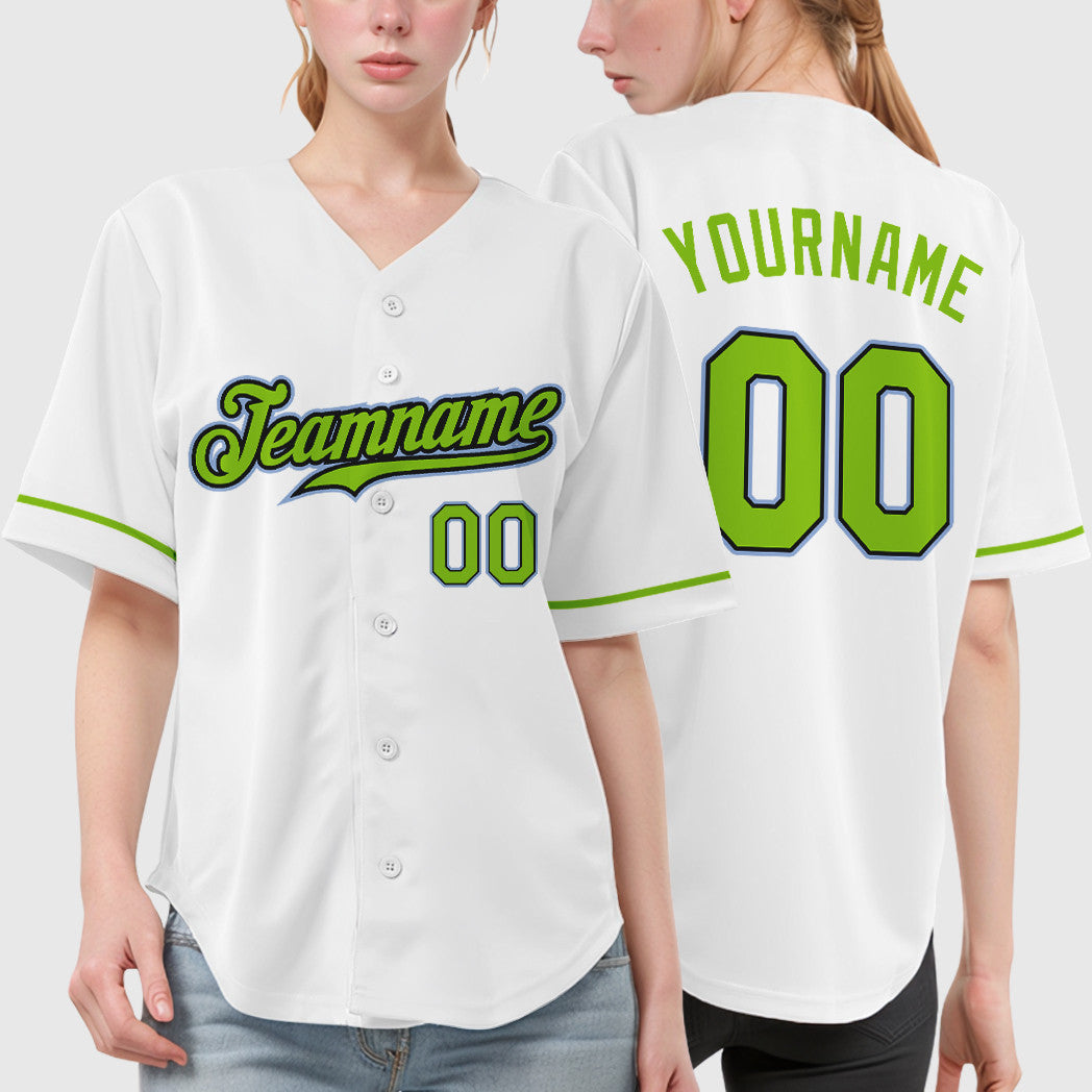 Custom White Light Blue Neon Green-Black Baseball Jersey