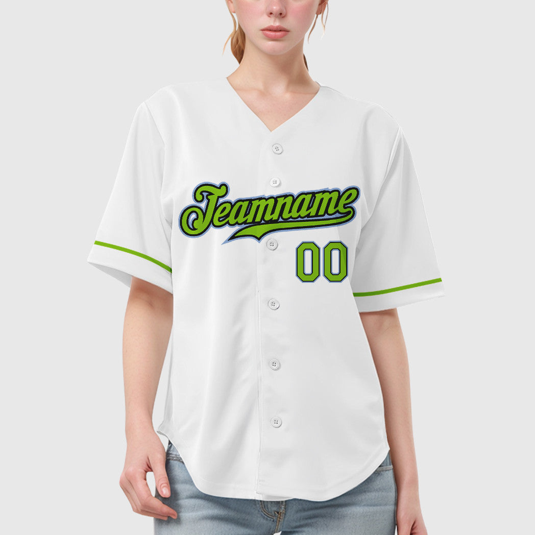 Custom White Light Blue Neon Green-Black Baseball Jersey