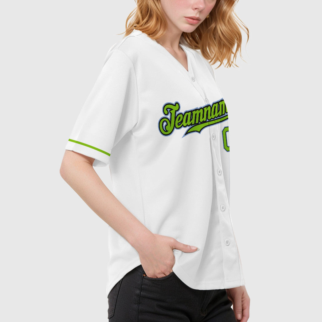 Custom White Light Blue Neon Green-Black Baseball Jersey