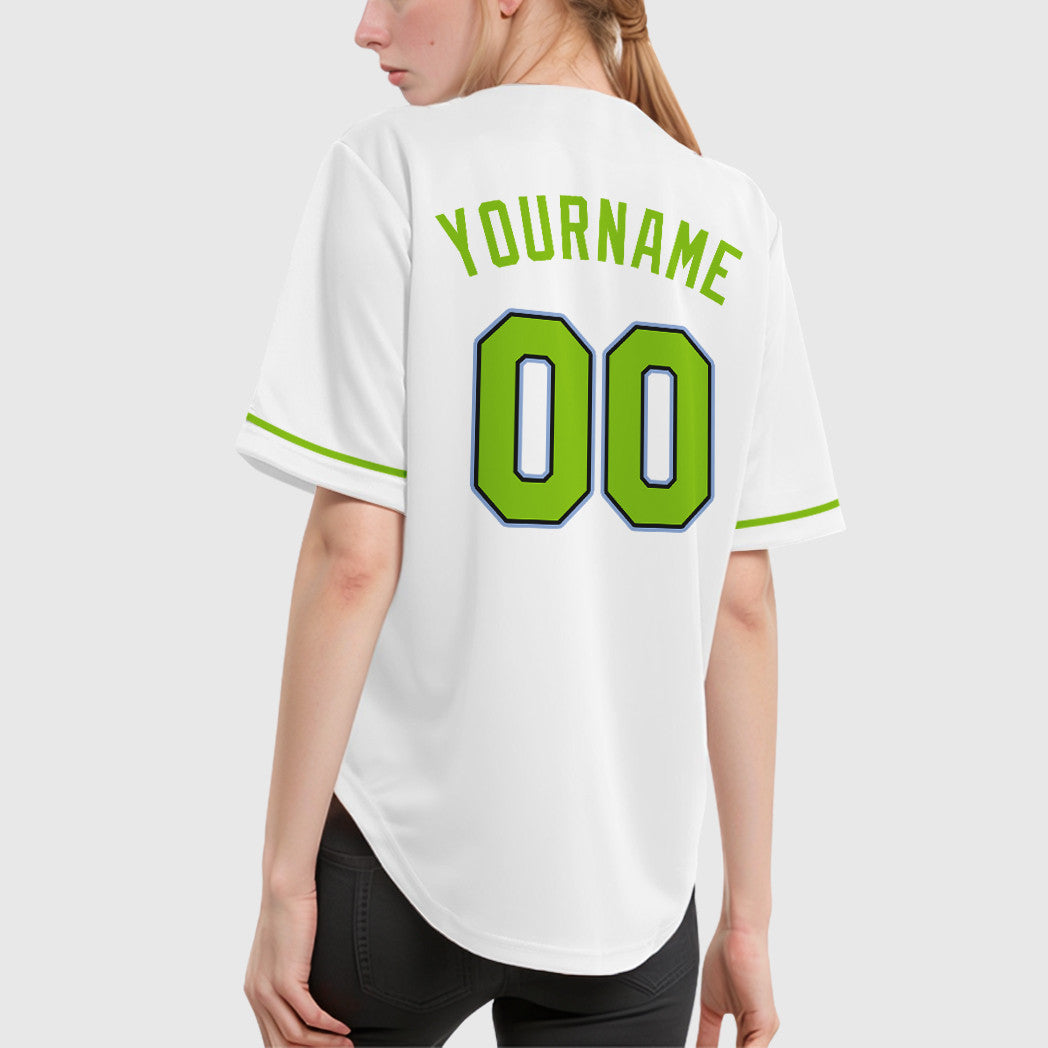 Custom White Light Blue Neon Green-Black Baseball Jersey