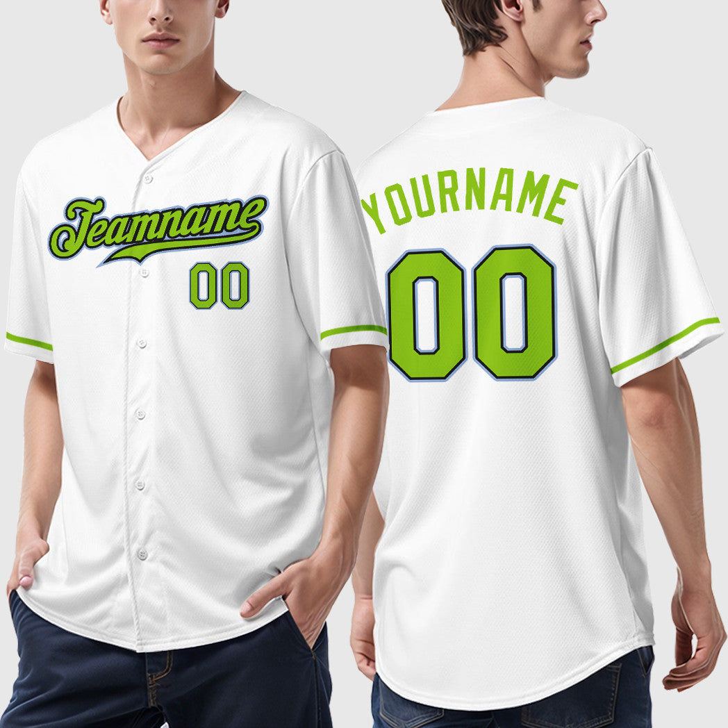 Custom White Light Blue Neon Green-Black Baseball Jersey