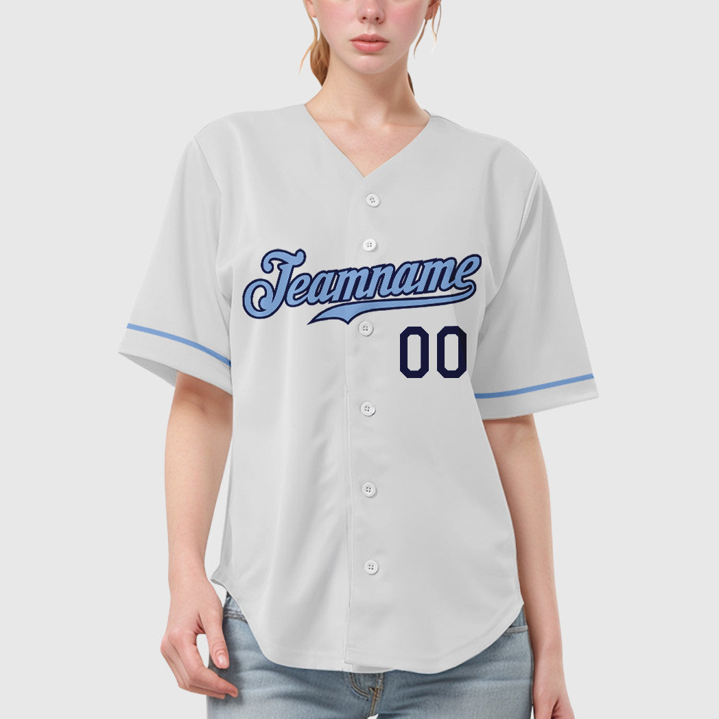 Custom White Navy Light Blue Baseball Jersey