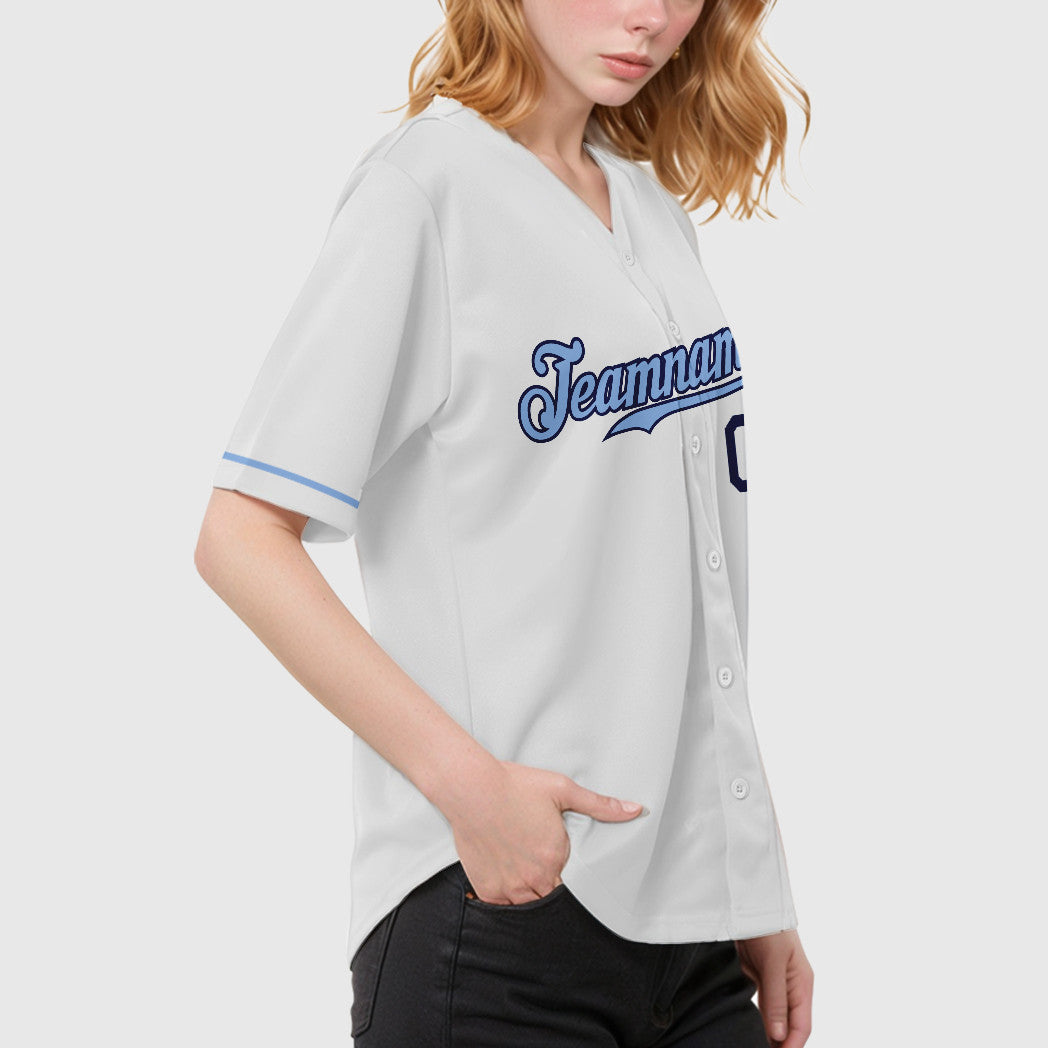 Custom White Navy Light Blue Baseball Jersey