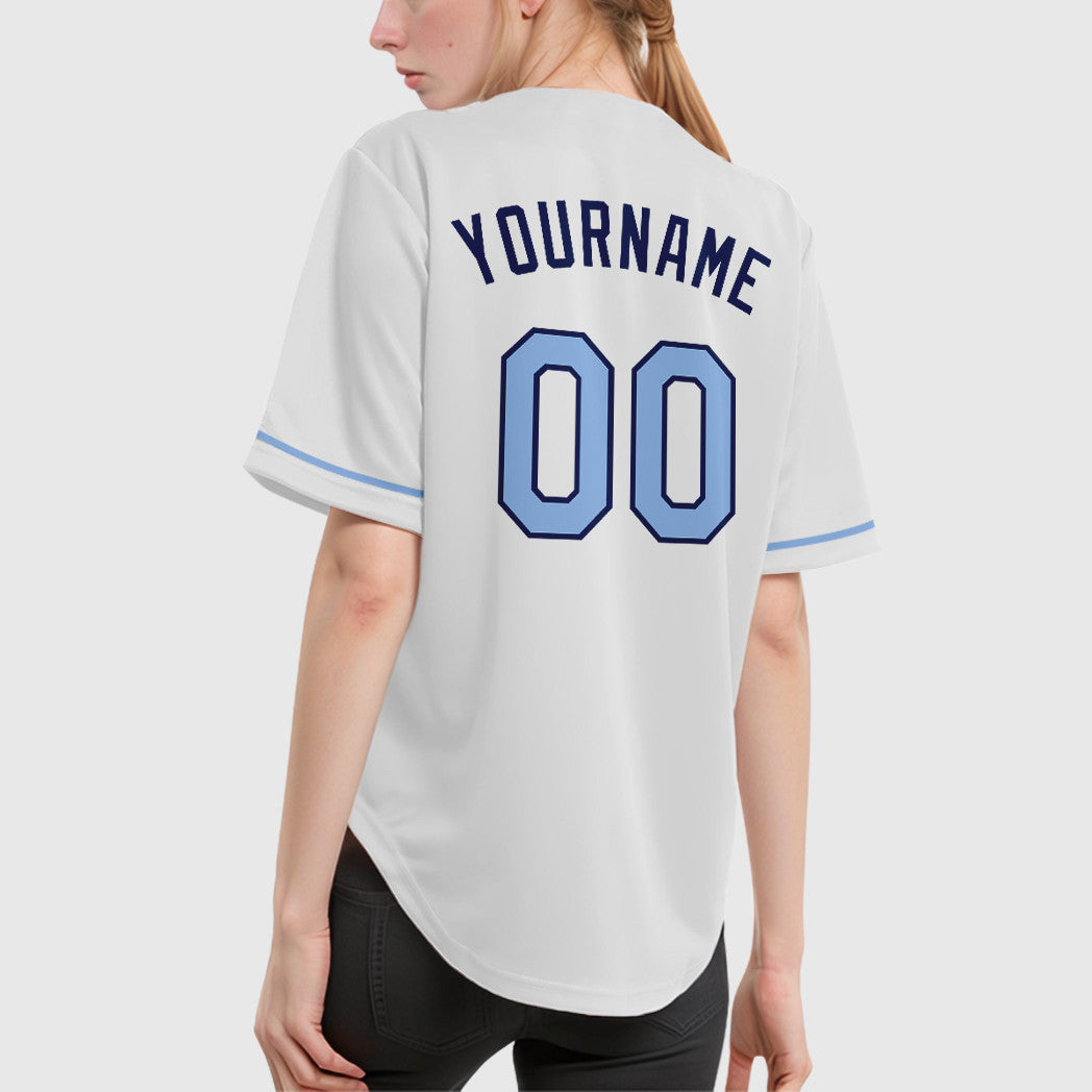 Custom White Navy Light Blue Baseball Jersey