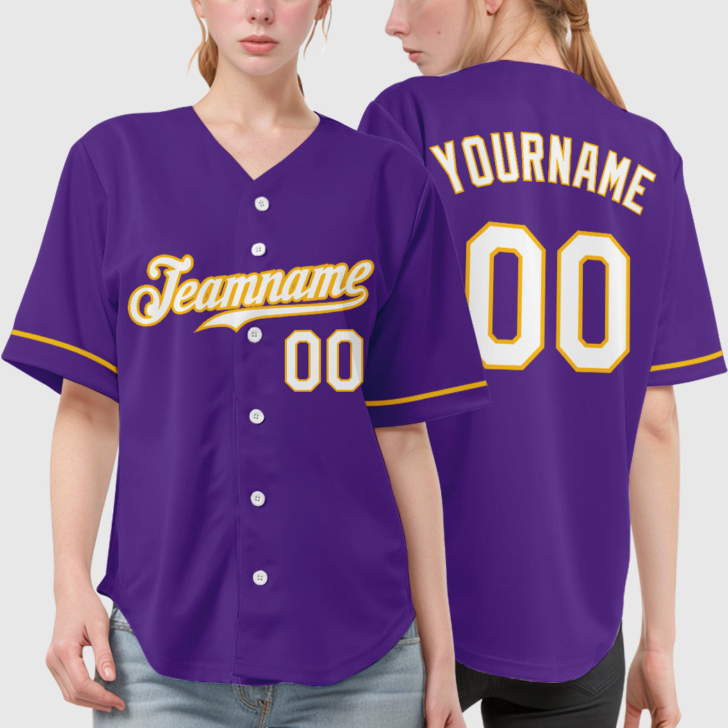 Custom Purple White Gold Baseball Jersey