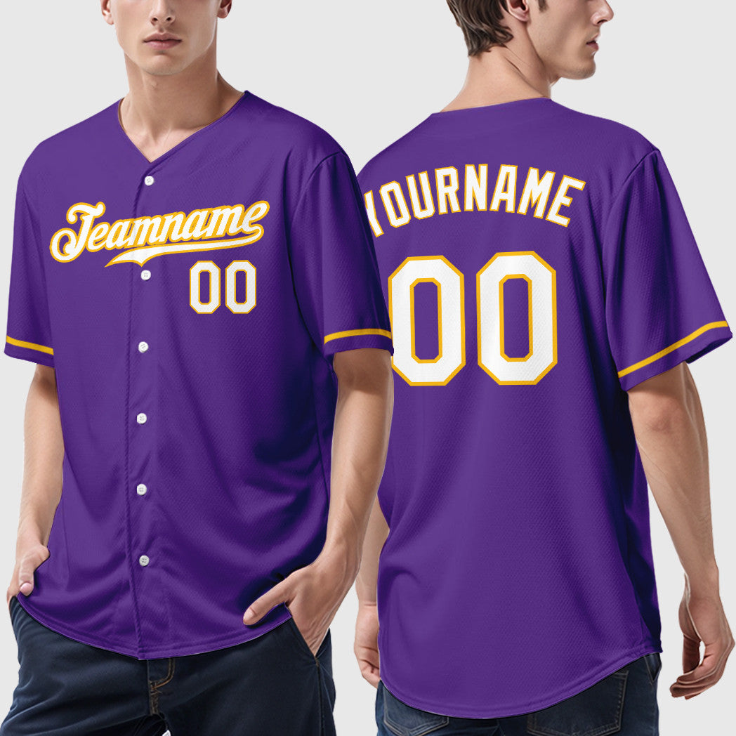 Custom Purple White Gold Baseball Jersey