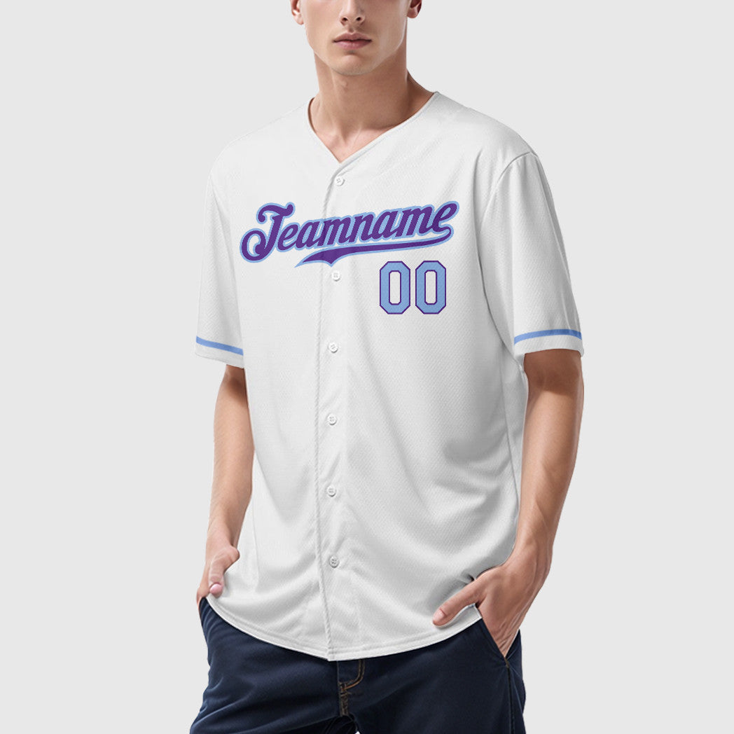 Custom White Purple Light Blue Baseball Jersey