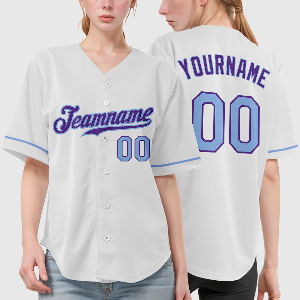 Custom White Purple Light Blue Baseball Jersey