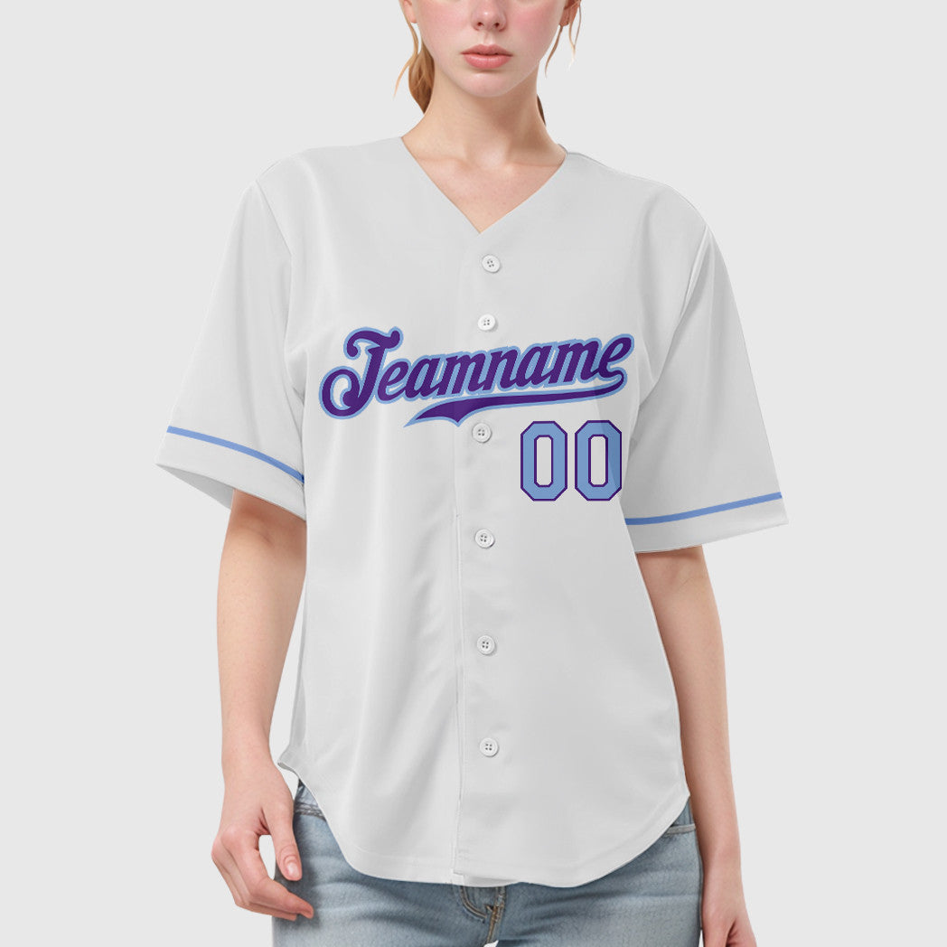 Custom White Purple Light Blue Baseball Jersey