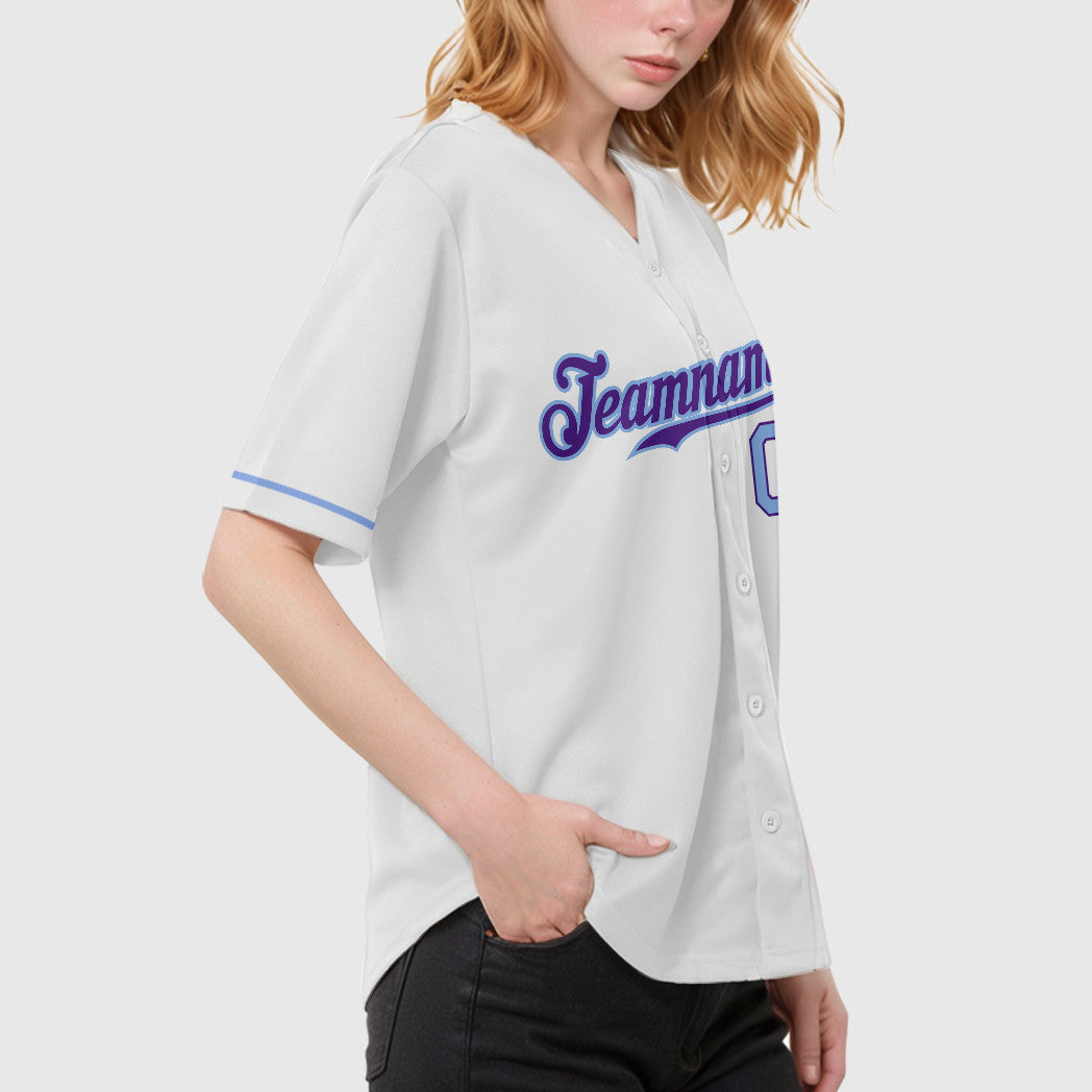 Custom White Purple Light Blue Baseball Jersey