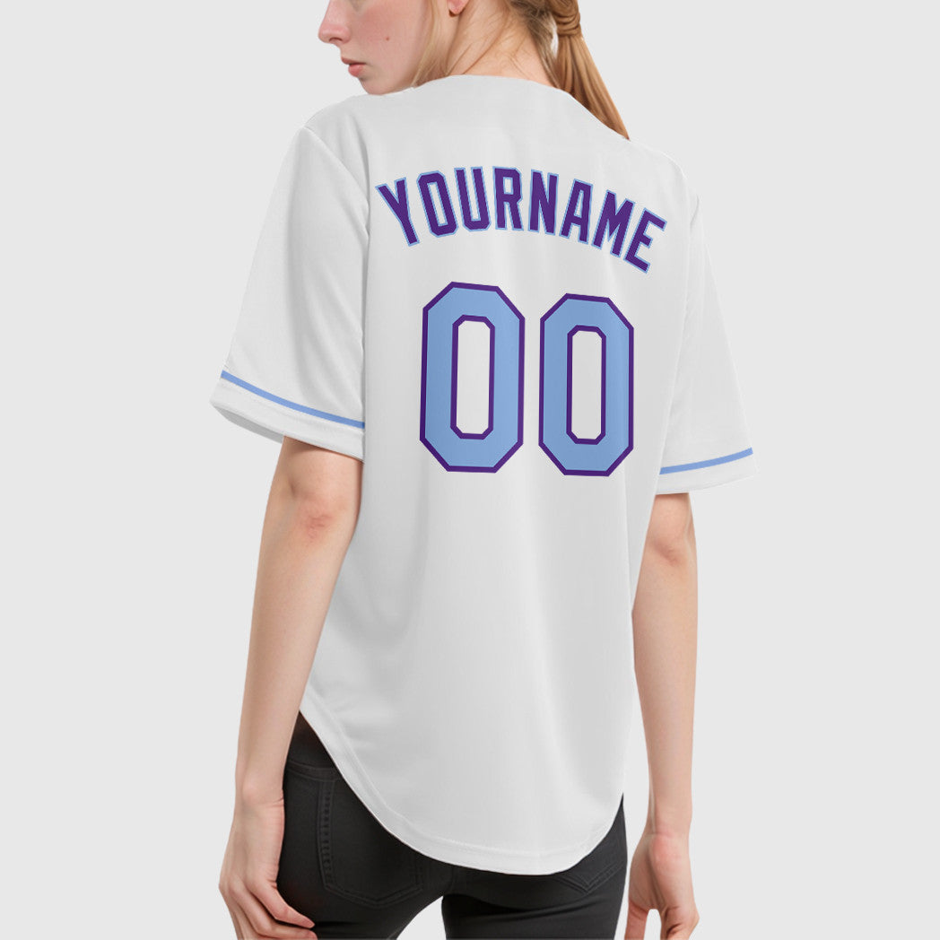 Custom White Purple Light Blue Baseball Jersey