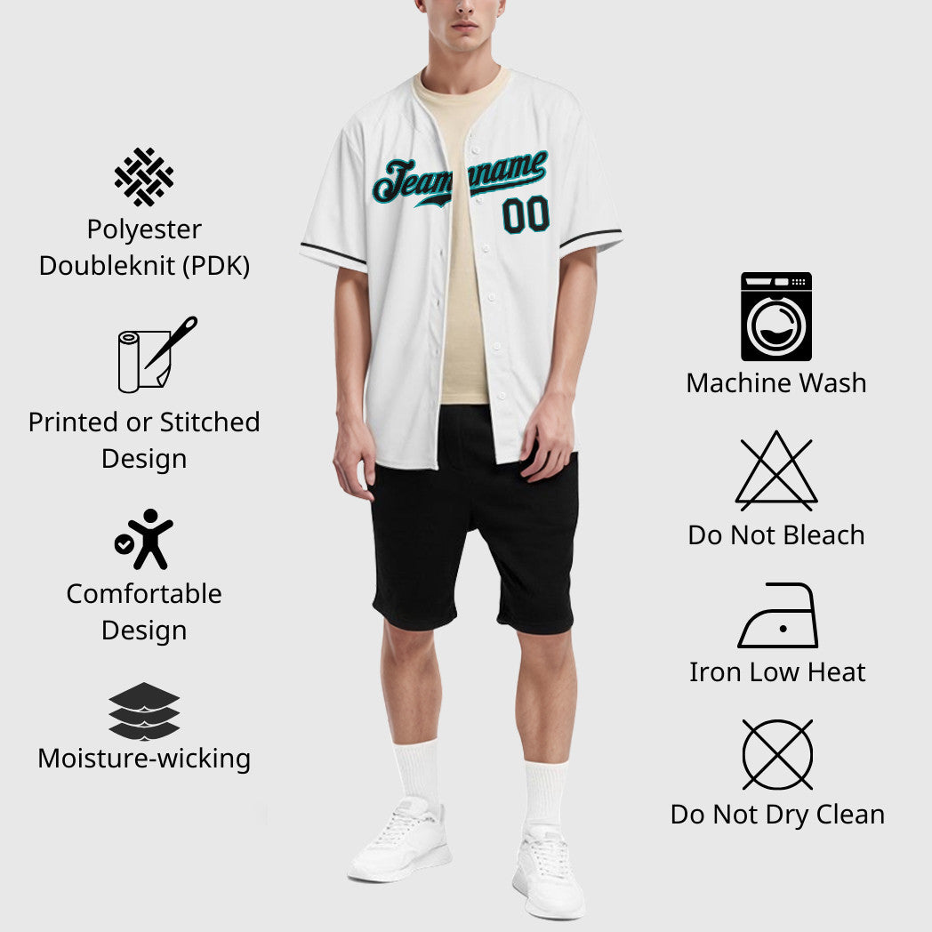 Custom White Teal Black Baseball Jersey
