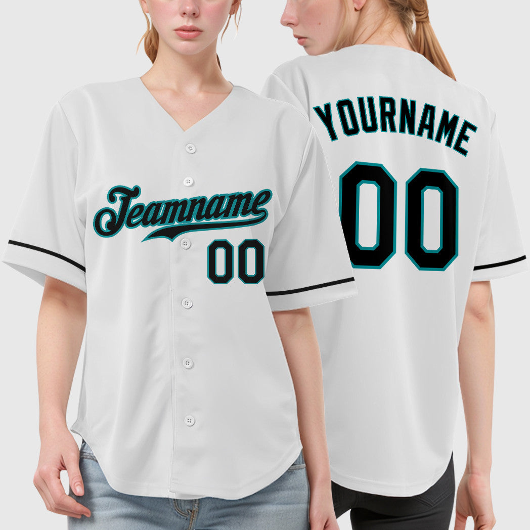 Custom White Teal Black Baseball Jersey