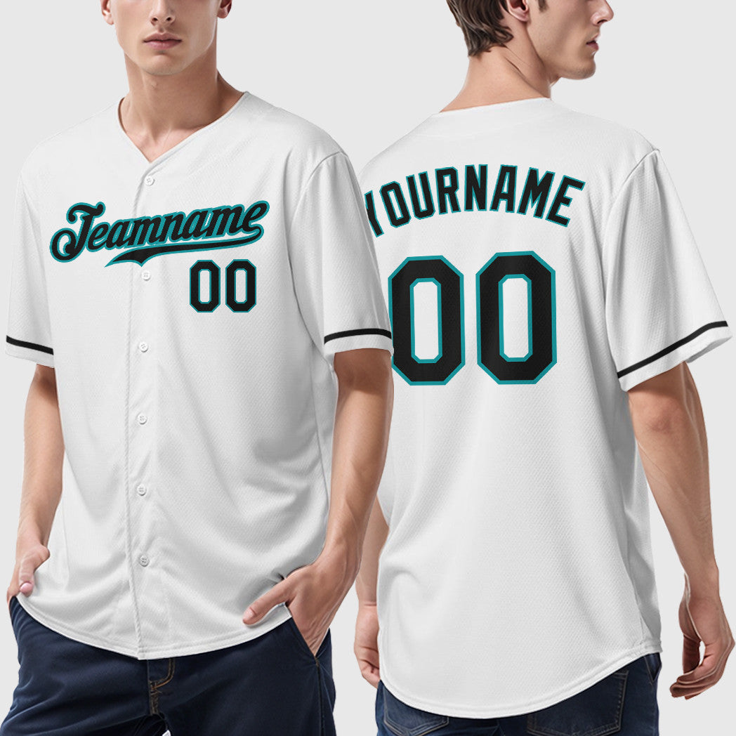 Custom White Teal Black Baseball Jersey