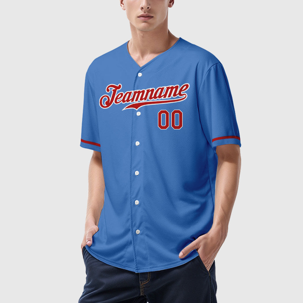 Custom Powder Blue White Red Baseball Jersey