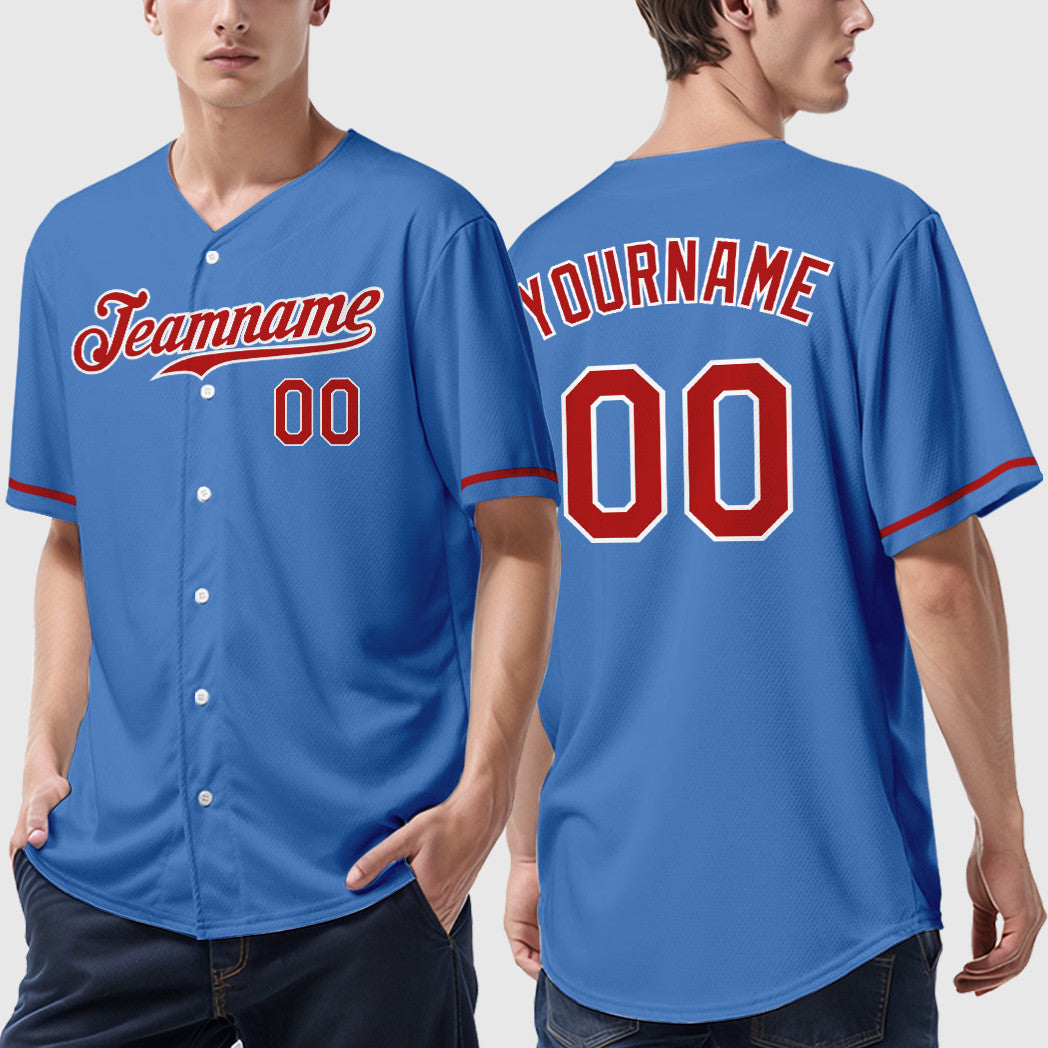 Custom Powder Blue White Red Baseball Jersey