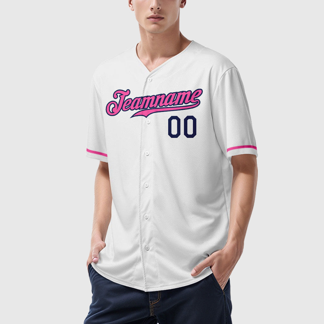 Custom White Navy Pink Baseball Jersey