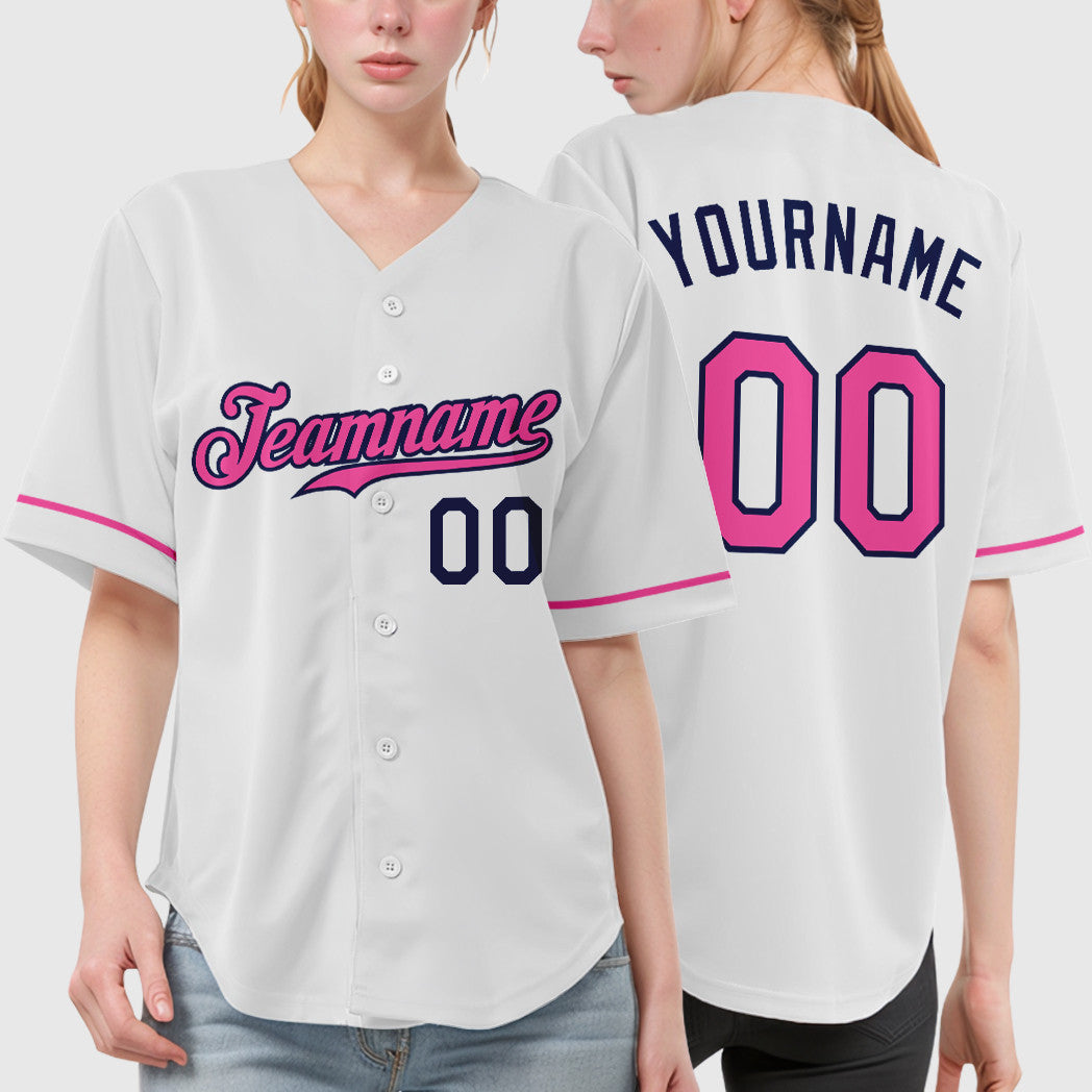Custom White Navy Pink Baseball Jersey