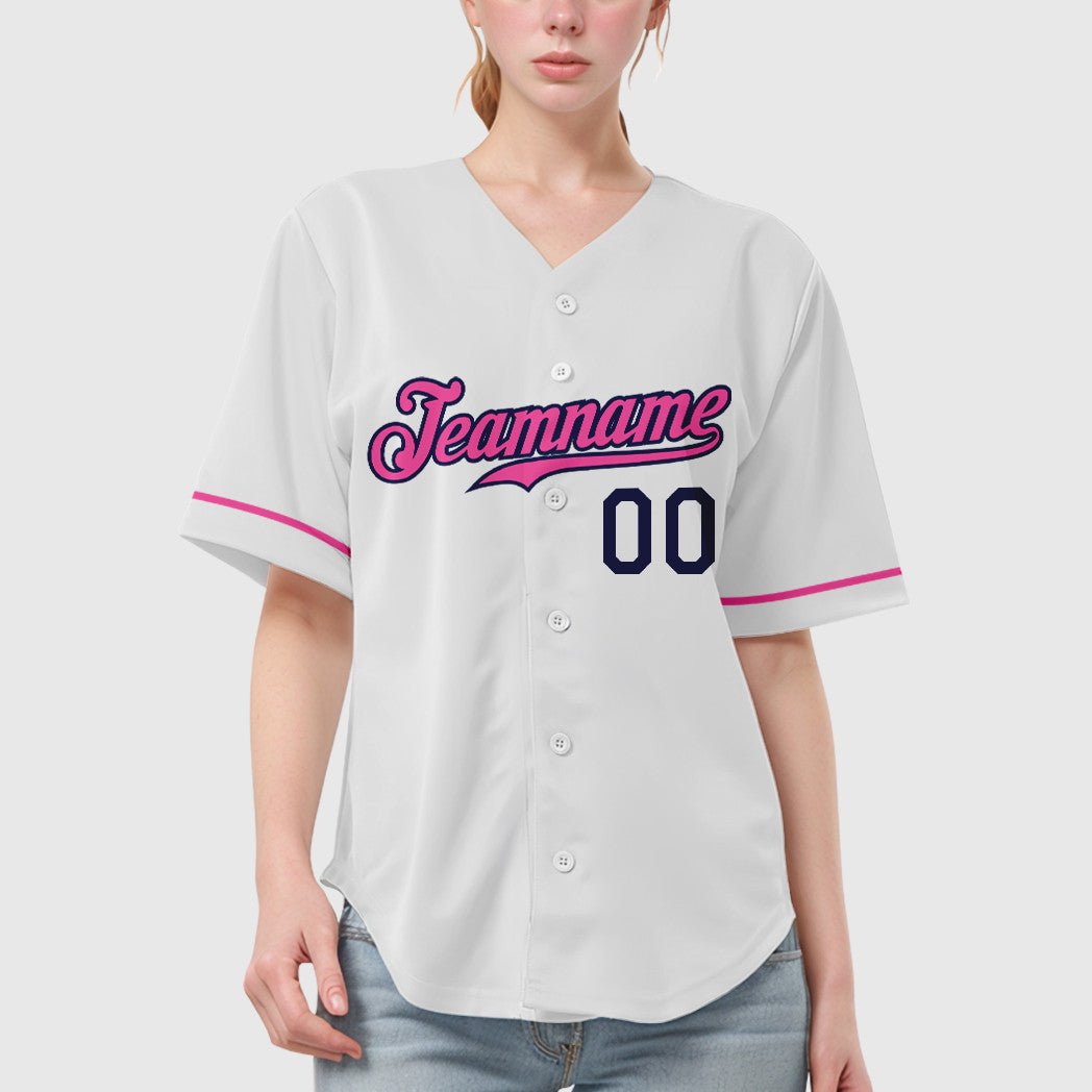 Custom White Navy Pink Baseball Jersey