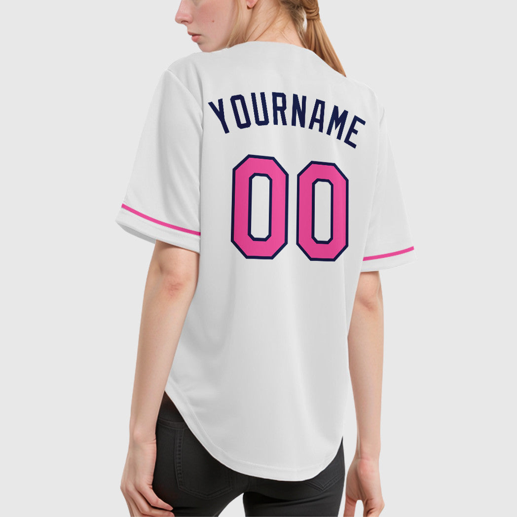 Custom White Navy Pink Baseball Jersey