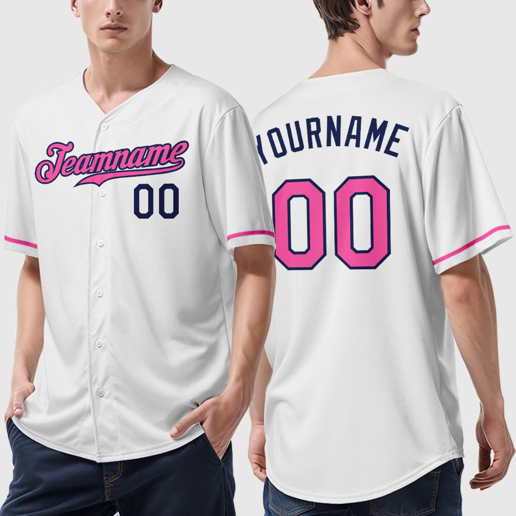 Custom White Navy Pink Baseball Jersey