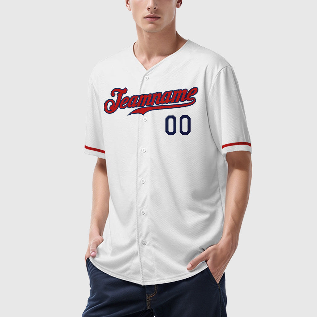 Custom White Navy Red Baseball Jersey